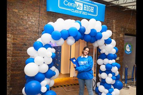 Exterior of CeraVe pop-up, Covent Garden, with a balloon arch